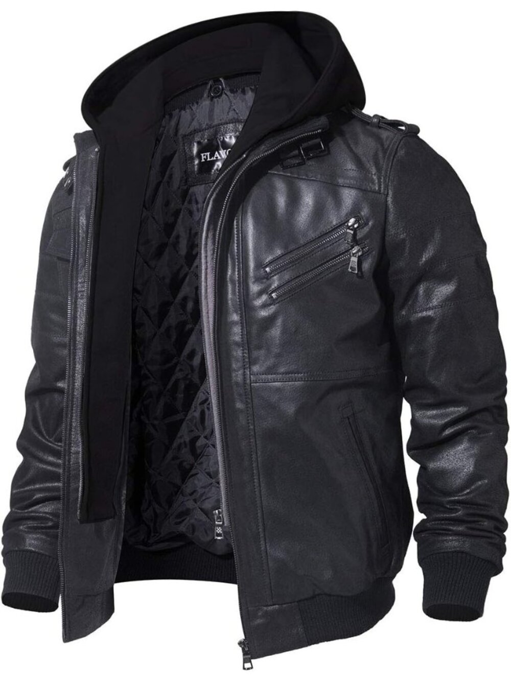 Men’s Black Genuine Suede Leather Jacket with Removable Hood Casual Biker Coat